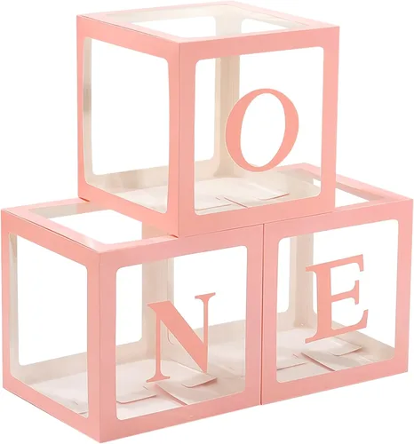 Miniatura 8 de Cajas de globos de primer cumpleaños para niño o niña con letras "ONE" individuales, tres cajas cuadradas blancas transparentes para decoración