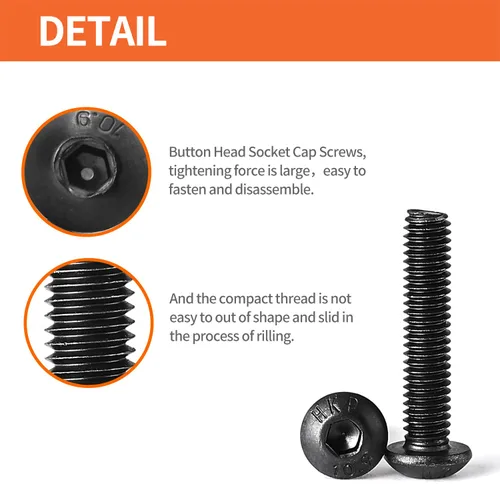 Miniatura 3 de Tornillos de cabeza de botón M4-0.028 x 0.315 in, acero de aleación de grado 10.9, acabado de óxido negro, unidad de enchufe Allen, máquina métrica