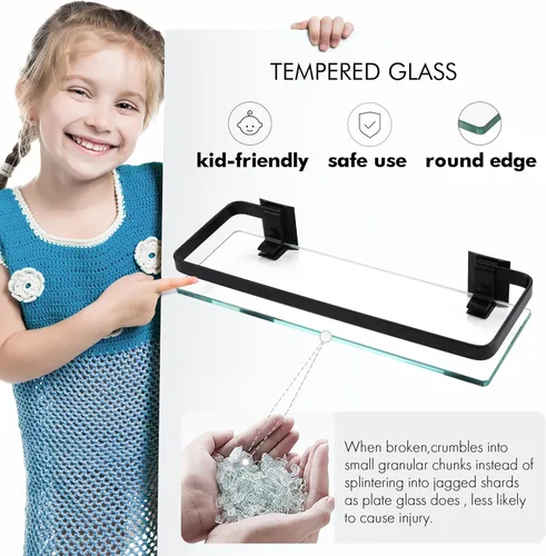 Miniatura 6 de KES Estante de pared de baño de aluminio extra grueso vidrio templado rectangular 1 nivel cesta montado en la pared negro, A4126A-BK Plateado