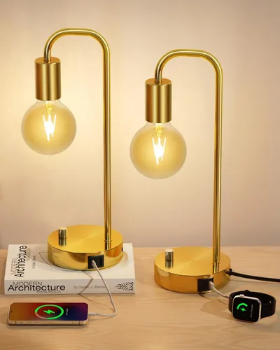 Miniatura 13 de ONEWISH Lámpara de mesa industrial para dormitorio, lámparas de noche modernas totalmente regulables con bombilla de luz cálida de 2700K