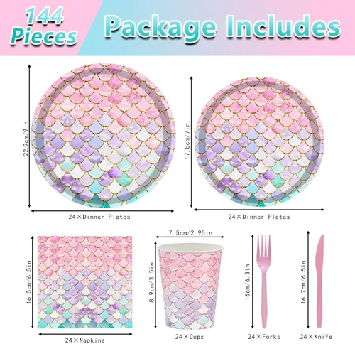 Miniatura 2 de Juego de vajilla para fiesta de sirena, 144 piezas, suministros de fiesta de cumpleaños de sirena, platos de sirena, servilletas, tazas, tenedores