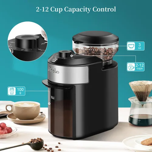 Miniatura 3 de Wancle Molinillo de Café de Rebabas Molinillo de Café de Rebabas Planas con 28 Configuraciones, Molienda Precisa con Capacidad de 2-12 Tazas, Fácil