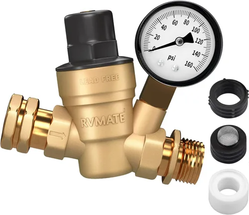 RVMATE - Regulador de presión de agua para RV, kit de reductor de presión de agua de latón sin plomo, válvula ajustable con filtro de entrada, para