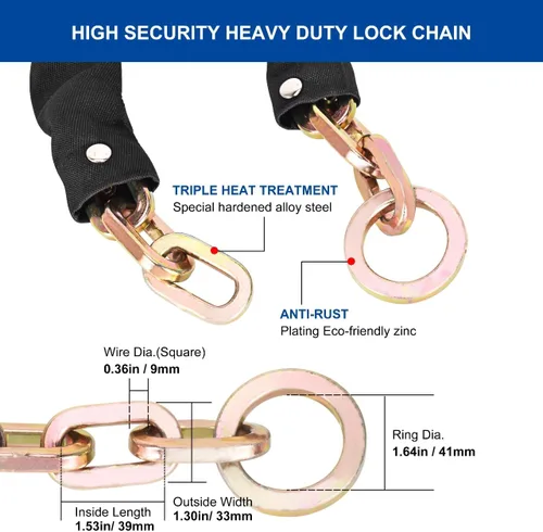 Miniatura 4 de Cadena de seguridad resistente, cadena de bloqueo antirrobo de acero endurecido a prueba de cortes de 2 pies x 3/8 pulgadas de grosor