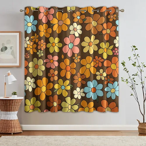 Retro 70s Floral Curtains Blackout, 108 Inch - Vintage Flower Curtains for Home Decor, Bedroom, Living Room, Retro 70s Floral Room Decor Grommet