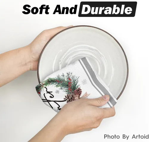 Miniatura 5 de Artoid Mode Árboles de Alce Piñas de Pino Bayas de Acebo Hola Invierno Toallas de Cocina, Toallas de Mano de Decoración de Navidad con Moño de 4