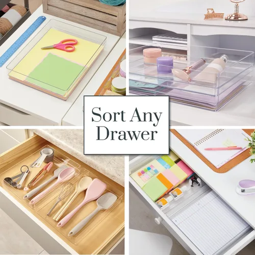Miniatura 4 de STORi SimpleSort - Juego de 2 organizadores de cajones transparentes apilables Bandejas rectangulares de 15 x 6 x 2 pulgadas Contenedores anchos
