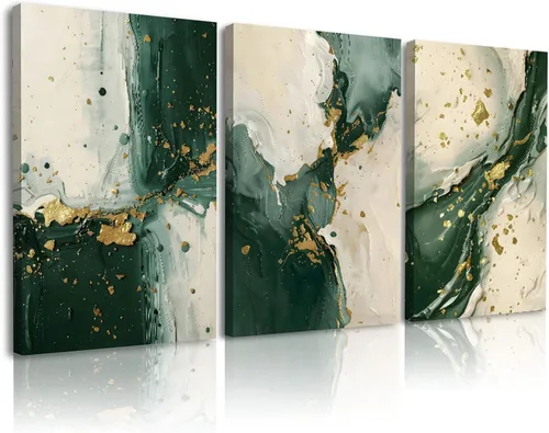 3 piezas de decoración de pared verde esmeralda para sala de estar, lienzo abstracto moderno de mármol verde y dorado, arte de pared minimalista