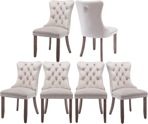 Miniatura 41 de Juego de 2 sillas de comedor de terciopelo, silla de comedor tapizada de alta gama con tirador de anillo en la espalda, adorno de clavos y patas