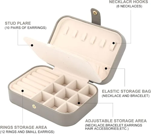 Miniatura 2 de FEISCON Organizador de joyas, pequeño joyero, mini joyero, estuche de viaje, almacenamiento y organizador portátil de joyería, caja