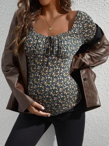 Miniatura 3 de MakeMeChic Camisa de maternidad para mujer manga larga cuello corazón camiseta ajustada para embarazo