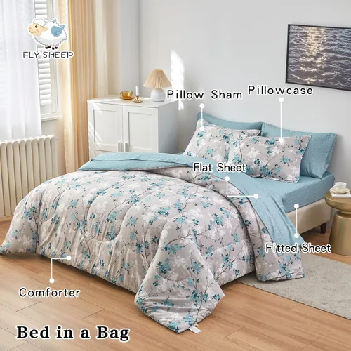 Miniatura 5 de Flysheep Juego de ropa de cama botánica gris en una bolsa, tamaño Queen, 7 piezas, diseño floral elegante con hojas grises aguamarina, para todas