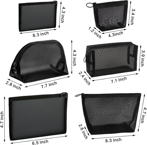 Miniatura 3 de Juego de 6 bolsas de malla negra con cremallera, bolsas de malla de nailon transparente en varios tamaños, bolsas organizadoras de artículos