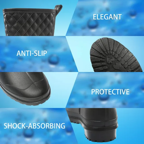 Miniatura 5 de Petrass Botas de lluvia para mujer, color negro impermeable a media pantorrilla, ligeras, lindo botines de moda para trabajar cómodos zapatos