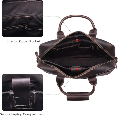 Miniatura 6 de Maletín de cuero genuino para hombre, maletín de cuero de grano completo de 16 pulgadas, bolsa de mensajero con cremalleras de metal YKK