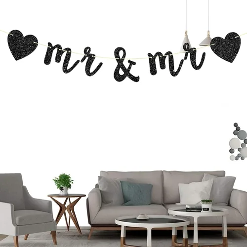 Miniatura 3 de Cartel de Mr&Mr Banner, pareja gay, despedida de soltera, compromiso, decoraciones de fiesta de boda gay, cartel de EnGayged, purpurina negra