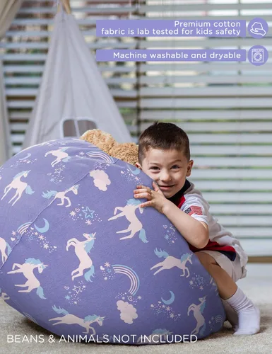 Miniatura 5 de Aubliss Puf de Almacenamiento de Animales de Peluche, Silla Puf de Unicornio, Stuff 'n Sit para Niños, Mediano 32" - Lona Unicornio Azul Azul