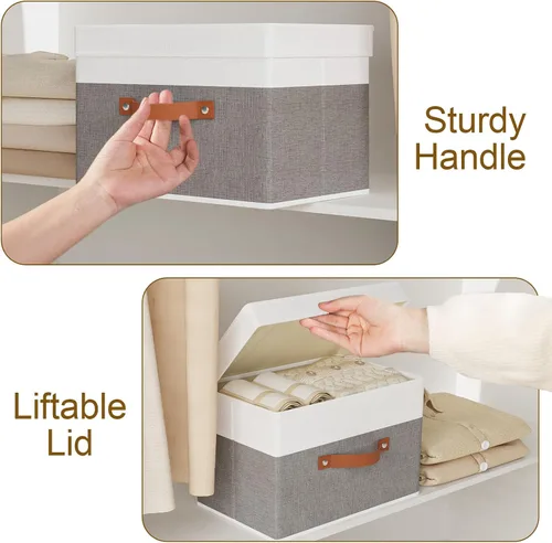 Miniatura 5 de Contenedor de almacenamiento de tela, cesta de almacenamiento con tapas, caja organizadora de armario con asas para zapatos, libros, toallas, blanco