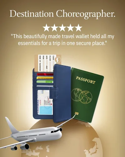 Miniatura 5 de Funda para pasaporte con bloqueo RFID, funda de cuero hecha a mano para pasaporte, organizador de documentos de viaje para hombres y mujeres, Azul