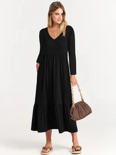 Miniatura 4 de Paintcolors Vestido largo casual de manga larga con cuello en V para mujer, vestido escalonado, color sólido, holgado, con vuelo, vestido midi