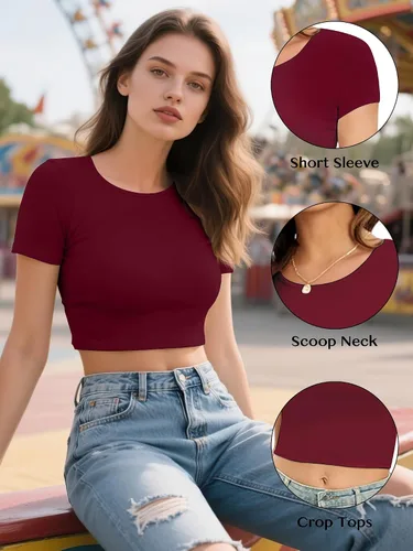 Miniatura 4 de Paquete de 4 camisetas cortas básicas ajustadas de manga corta para mujer, lindas camisetas cortas de moda con cuello redondo para mujeres