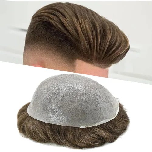Miniatura 82 de 0.002 in ultra fina piel tupé Remy cabello humano piezas para hombres V-Looped sistema de pelo para hombre tupé pelo tupé para hombres protesis