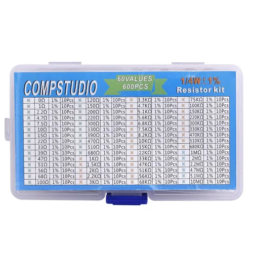 1/4W 1% 60 valores 600 piezas Kit surtido de resistencias 1/4 vatios Resistencia fija de película metálica Paquete variado de resistencias fijas de