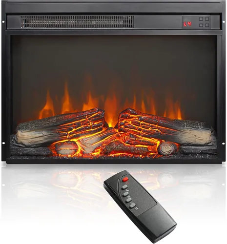 Miniatura 2 de Inserto para chimenea eléctrica de 23 pulgadas, calentador empotrado ultrafino con tronco y llama realistas, brillo de 4 llamas ajustable, control