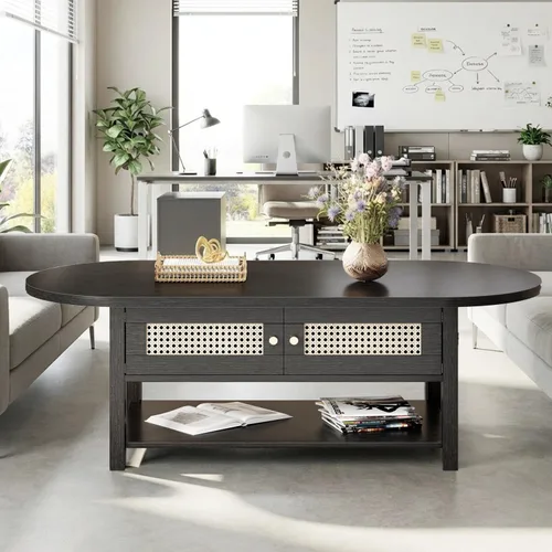Miniatura 9 de LVB Mesa de centro de ratán, mesa de sala de estar de madera bohemia con almacenamiento, mesa de té de cóctel ovalada moderna de 2 niveles con Roble