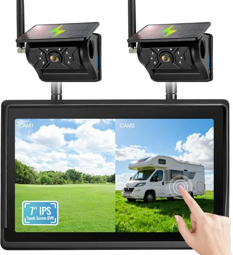Sistema de cámara de respaldo inalámbrico solar magnético, pantalla táctil IPS de 7 pulgadas con DVR, cámaras de visión trasera IR recargables