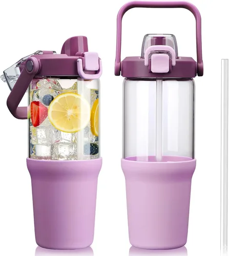 Miniatura 8 de Vaso de vidrio con asa de transporte, botella de agua de vidrio transparente con tapa a prueba de fugas, tapa de boquilla y popote, sin BPA, 32