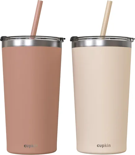 Miniatura 26 de CUPKIN - Taza apilable de acero inoxidable para niños, taza de batido, tazas aisladas con recubrimiento en polvo, tapa libre de BPA y pajilla de Rosa