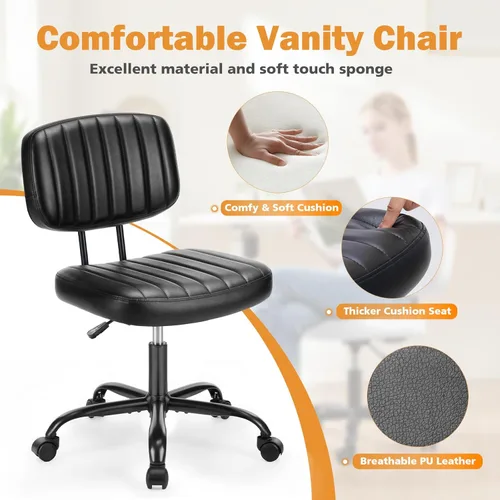 Miniatura 4 de Sweetcrispy Silla pequeña de escritorio de oficina, piel sintética sin brazos con cómodo soporte lumbar, altura ajustable para no tener brazos