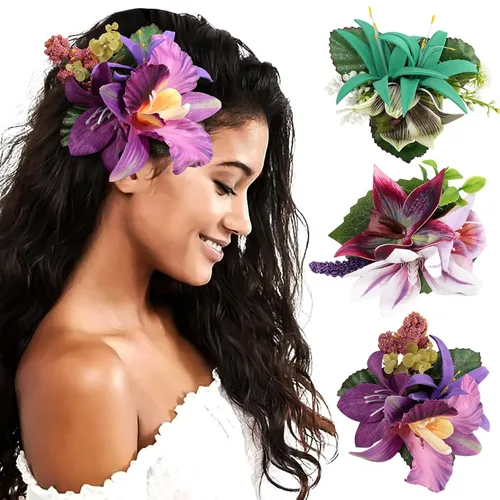 Miniatura 14 de HAIMEIKANG - Pinza para el pelo, 3 piezas de horquillas de flores hawaianas - Accesorios de cabello con flores tropicales artificiales para mujeres