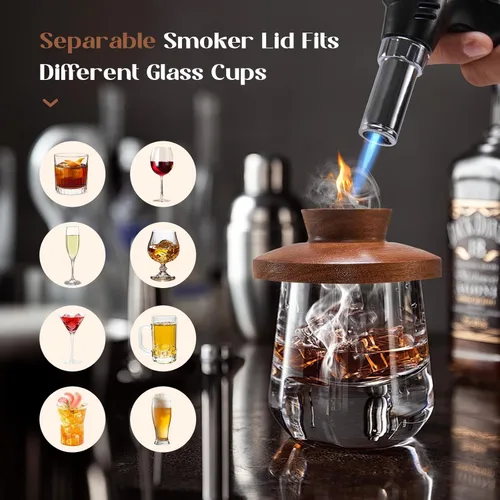 Miniatura 5 de Kit para Ahumar Cócteles con Base de Madera y Cúpula de Vidrio, Perfecto para Infundir Sabores Afumados en Cócteles a la Antigua, Whisky y Alimentos