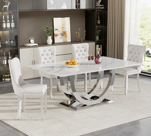 Miniatura 21 de HomVent Juego de mesa de comedor rectangular para 4, juego de mesa de cocina rectangular, juego de mesa de comedor de mármol sintético, juego