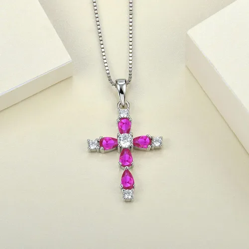 Miniatura 18 de YL Collar de cruz de plata de ley 925 con colgante de piedra natal religiosa para mujer