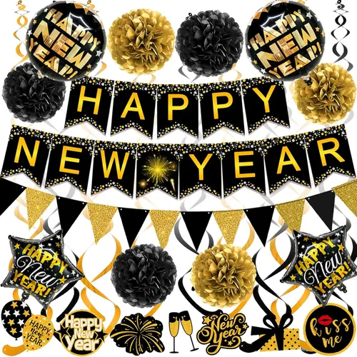 Famoby Cartel de papel con texto en inglés «Happy New Year» con forma de triángulo, pompones y espirales para decoración de fiesta de Año Nuevo