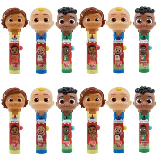 ¡Pop Ups! Soportes de paleta clásicos de CoComelon - Nina, JJ y Cody - 12 paletas con estuches - Favores de caramelo envueltos individualmente para
