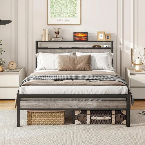 Miniatura 12 de BOFENG Base de cama Queen con cabecera de almacenamiento, marco de cama de plataforma de metal tamaño Queen con luces LED, estación de carga,