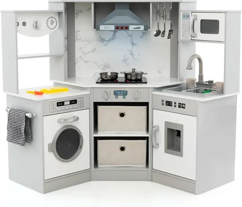 Costzon Cocina de esquina para niños, juego de cocina de madera con luces y sonidos, sistema de circulación de agua, lavadora, accesorios, juego de