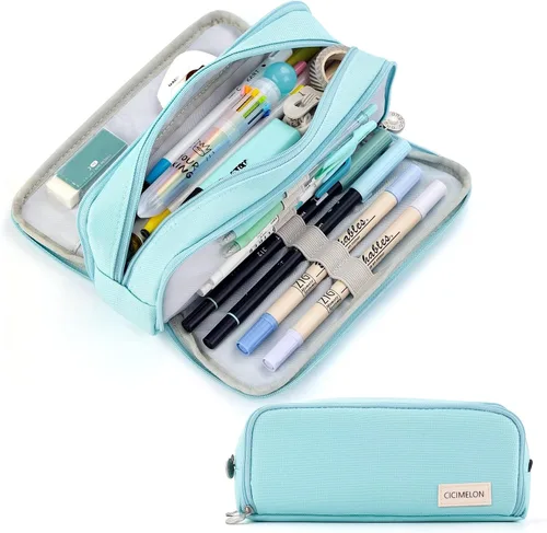 CICIMELON - Estuche de gran capacidad para lápices con 3 compartimentos para la escuela, adolescente, niña, hombre y mujer Azul claro
