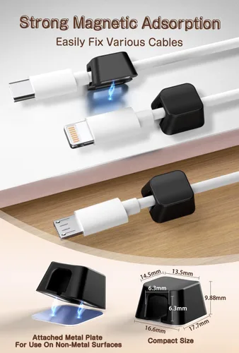 Miniatura 5 de Maveek - Clip magnético para cables, paquete de 5 soportes para cables, organizador de cables magnéticos, organizador de escritorio, pared, mesa