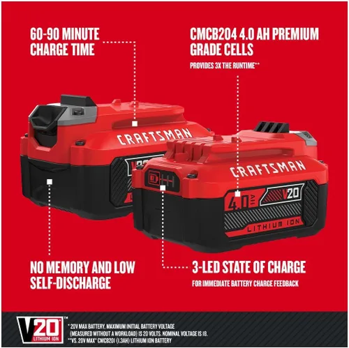 Miniatura 2 de CRAFTSMAN V20 4Ah batería de iones de litio para herramientas eléctricas, paquete de 2 (CMCB204-2)