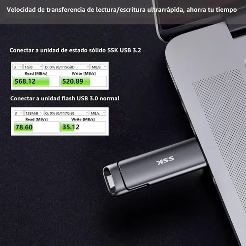 Miniatura 3 de SSK Unidad flash USB C dual de 128 GB, 2 en 1 tipo C+ USB A 3.2 Gen2, unidad de pulgar de estado sólido, velocidad súper rápida de hasta 550 MB/s