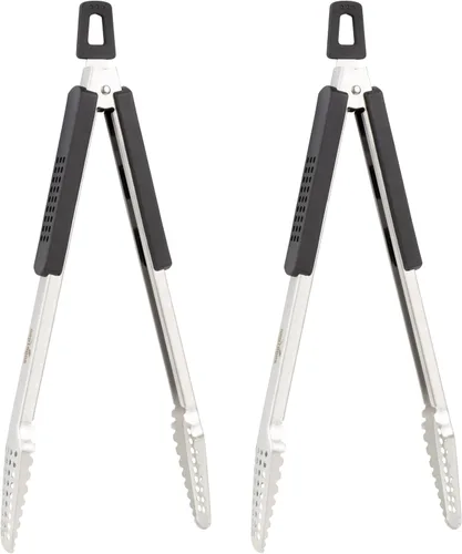 Miniatura 8 de Pinzas para barbacoa de acero inoxidable 18/0 de 9 pulgadas con mango ergonómico de madera de roble real para cocinar, accesorio duradero