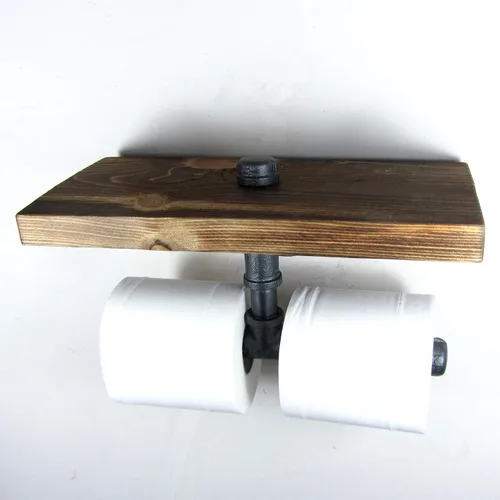 Miniatura 3 de Estante de almacenamiento de madera industrial urbano para montaje en pared, tubo de hierro, doble soporte de papel higiénico, rodillo