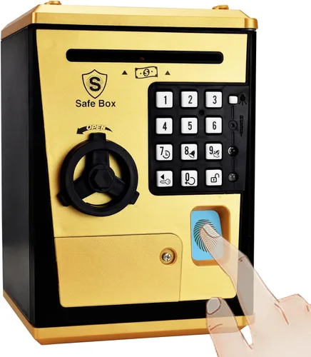 Caja fuerte para niños con contraseña por huella dactilar, alcancía parlante para dinero real, regalo genial para niños de 5 a 14 años Dorado