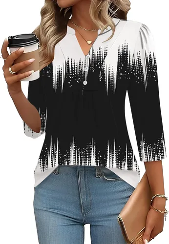 Miniatura 34 de IECCP Blusas de verano de manga 3/4 para mujer, estilo casual, cuello Henley, cuello en V, plisadas, ajuste holgado, blusas de trabajo