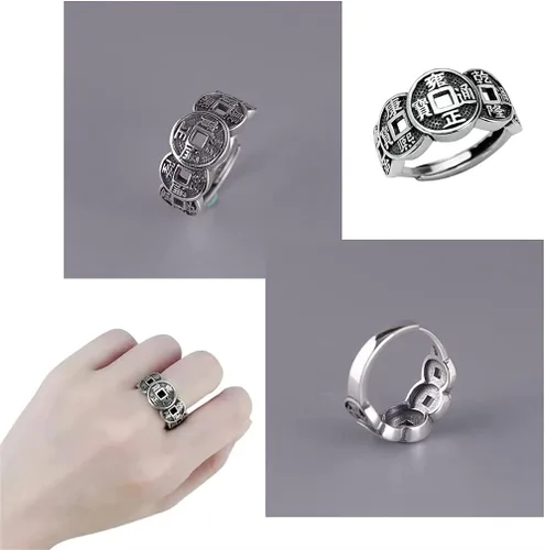 Miniatura 4 de Anillo de cobre Wufu con moneda de cinco emperadores, anillo de plata con índice retro de la suerte, anillo vintage ajustable para hombres